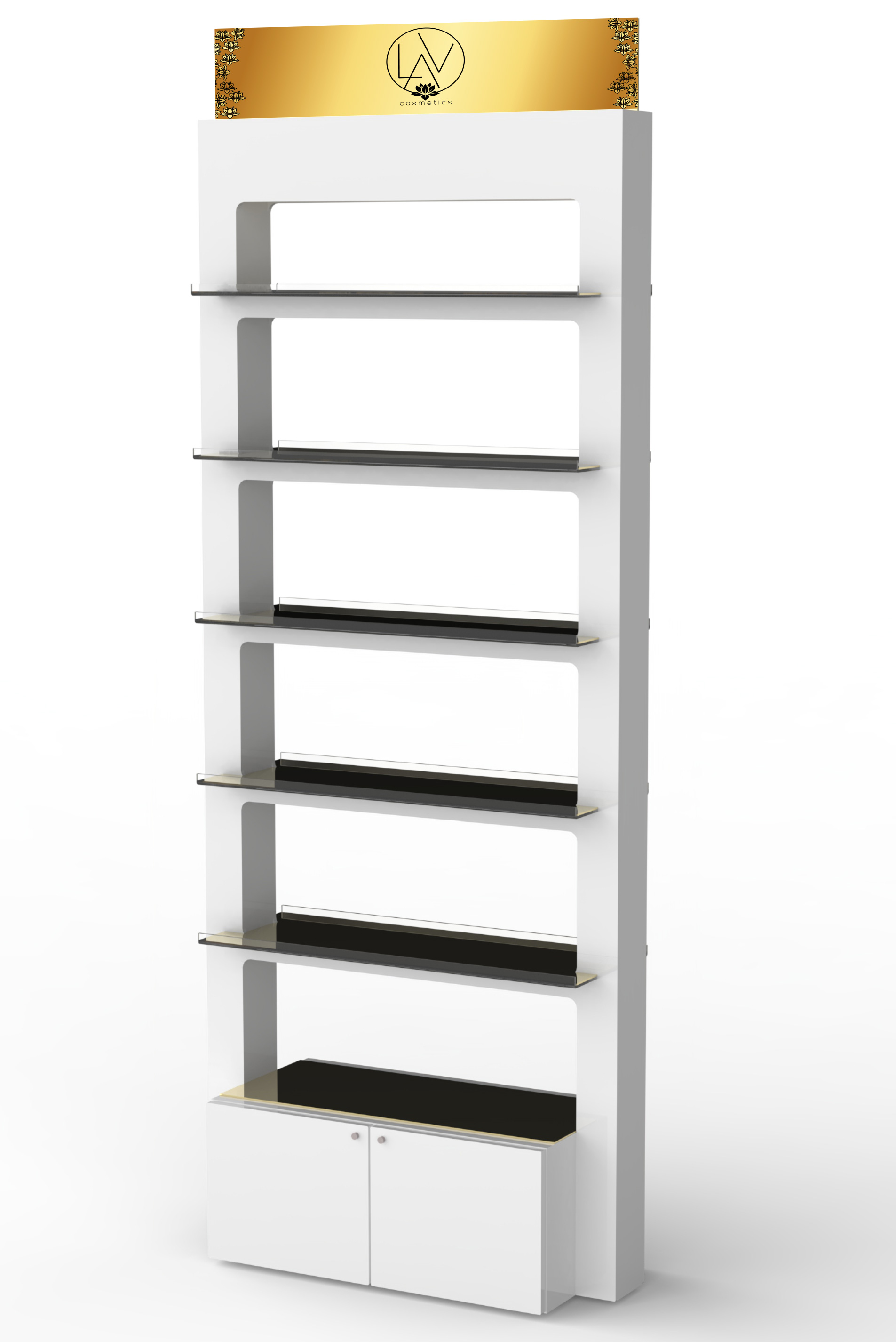 Espositore a colonna in MDF laccato bianco e plex specchio oro - cod 63